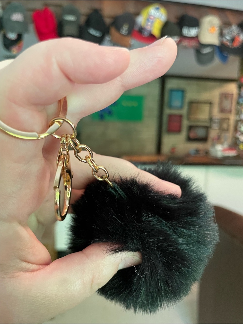 Pom-Pom Keychain Purse Bag Backpack Charm - Split Ring Lobster Claw - Black - Picture 3 of 5